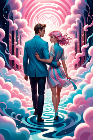 Pastel color palette, bathed in dreamy soft pastel hues || Bold illustration, digital artwork of a couple walking hand in hand in a cloud maze. background with swirling lines and decorative elements. Storybook illustration inspired, charlie bowater and Gediminas Pranckevicius and victo ngai, surreal fantasy illustration, realistic proportions, complex composition, linework, decorative elements, vector painting, highly detailed, digital illustration, artstation, beautiful, wholesome, nostalgia, high quality, cotton-candy-colors || impossible dream, pastelpunk aesthetic fantasycore art, beautiful soft pastel colors,Decora_SWstyle