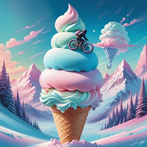 Pastel color palette, in dreamy soft pastel hues, pastelcore, pop surrealism poster illustration ||  a person riding skis on top of an ice cream cone, ( ( ( ( ( dan mumford ) ) ) ) ), stylized layered shapes, chambliss giobbi, blue and pink color scheme, greg beeple, frostbite, summer season, artgram || bright hazy pastel colors, whimsical, impossible dream, pastelpunk aesthetic fantasycore art, beautiful soft pastel colors