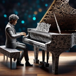 Create a detailed 3d render of a piano player made from paper-sheet-music, elaborate faircore artmosphere, bokeh, HDR, beautifully shot, hyperrealistic, sharp focus, 64 megapixels, perfect composition, high contrast, cinematic, atmospheric, moody, abstract vector fractal, wave function, Zentangle, 3d shading