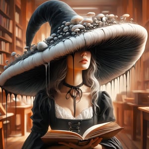 A witch holding a book, Wearing a inkycapwitchyhat made from a single coprinus comatus mushroom cap that is ombre and intricately textured, dreamy library setting, cozy, sharp focus, masterpiece, painting,Decora_SWstyle,photo_b00ster,coprinus_comatus