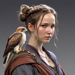 A fantasy character concept portrait of a human wizard woman with pale complexion, subtle freckles, mousy darkbrown messy long hair pulled back in a low messy bun, ((face reminiscent of  jennifer lawrence)), clever grey eyes, skeptical annoyed condescending expression, worn and layered traveling wizard clothing adorned with various magical trinkets, a spellbook and potion vials attached to her belt, and a magical red-tailed hawk perched on her shoulder. The background is detailed, with a captivating composition and color, blending fantasy and realism 