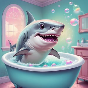 (in dreamy soft pastel hues, pastelcore:0.5), pop surrealism poster illustration || vector painting of a shark in a bubblebath, bath tub, gorgeous lines, pen with digital color washes, fun, beautiful, cute heartwarming awww art || (bright hazy pastel colors:0.5), whimsical, impossible dream, (pastelpunk:0.5) aesthetic fantasycore art, beautiful soft colors