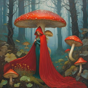 Rebecca guay and android jones and van gogh, A small fairy in the forest in the rain both shielding herself under a large red caped mushroom 