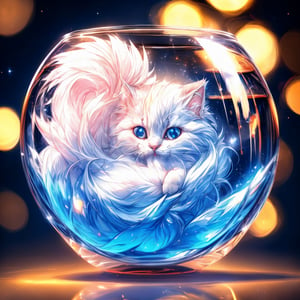 a cute fluffy kitten curled up in a fishbowl, on a table, cute style, sparkling eyes, mischief, illumination background, masterpiece, highquality, dutch angle, bokeh, absurdres, softest fur, pur pur pur, 4k post-processing, sparkles,1 girl
