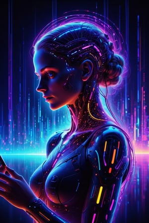 ((Ultra Long Exposure Photography)) high quality,  highly detailed,  Colorful beautiful ai model 30yo woman portrait complex silhouette neon dots,  beautiful silhouette,  Electronic devices in the background,  high detailed,  portrait of an ai,  serene and contemplative mood,  volumetric and dynamic lighting. Reflections and depth. Hyperrealistic photorealistic hyperdetailed maximalist masterpiece,DarkSynth