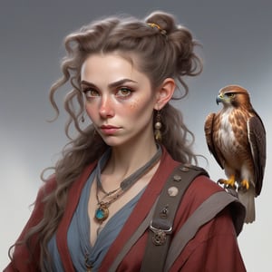 A fantasy character concept portrait of a human wizard woman with pale complexion, subtle freckles, mousy brown messy long hair pulled back in a low messy bun, ((face reminiscent of  rita moreno)), clever grey eyes, skeptical annoyed condescending expression, worn and layered traveling wizard clothing adorned with various magical trinkets, a spellbook and potion vials attached to her belt, and a magical red-tailed hawk perched on her shoulder. The background is detailed, with a captivating composition and color, blending fantasy and realism 