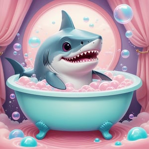 in dreamy soft pastel hues, pastelcore, pop surrealism poster illustration || vector painting of a shark in a bubblebath, bath tub, gorgeous lines, pen with digital color washes, fun, beautiful, cute heartwarming awww art || bright hazy pastel colors, whimsical, impossible dream, pastelpunk aesthetic fantasycore art, beautiful soft colors