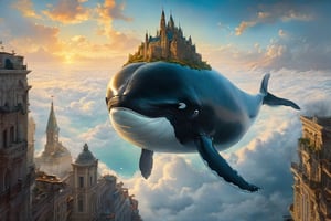 Double exposure Watercolor and oil painting of a Beautiful city on top of a Giant whale above the clouds, extremely beautiful nature, Epic masterpiece, sunny lighting by awwchang, concept art, environment design, cgsociety, Tim burton, joel rea, greg rutowski, yuumei, rule of thirds, fantasy, Dream, vibrant, perfect composition, beautiful detailed intricate insanely detailed, trending on artstation, soft natural volumetric cinematic perfect light, chiaroscuro, award - winning illustration, masterpiece, oil on canvas, beeple, beksinski, giger, whimsical ethereal fantastical, trending on artstation, sharp focus, soft light, rough edges, paint drops, glow