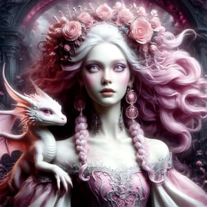 Porcelainwoman with, pink hair with braids, lots of flowers on her head, white skin with heavy makeup extremely ghostly white, scales on her cheekbones, psychedelic background, soft, dreamlike, surrealism, intricate details, 3D rendering, octane rendering. Nicoletta Ceccoli style. Decora_SWstyle,PetDragon2024xl