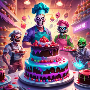 Pastel, a couple of zombies that are standing in front of a cake, mobile game background, cookbook photo, the artist has used bright, lich, fortnite skin, chef hat, adorable horrorcore cartoon, official art, dead and alive, cook, 2. 5 d illustration, pastel poster art by Martina Krupičková, ESAO, Chris LaBrooy, Ron English, Jean-Pierre Norblin de La Gourdaine, shock art, pop surrealism, fantasy art, lowbrow, artstation, behance contest winner, featured on deviantart, cake art, baking artwork, amazing illustration, game promo art
