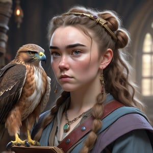 A fantasy character concept portrait of a human wizard woman with pale complexion, subtle freckles, mousy brown messy long hair pulled back in a low messy bun, ((face reminiscent of  florence pugh)), clever grey eyes, skeptical annoyed condescending expression, worn and layered traveling wizard clothing adorned with various magical trinkets, a spellbook and potion vials attached to her belt, and a magical red-tailed hawk perched on her shoulder. The background is detailed, with a captivating composition and color, blending fantasy and realism 