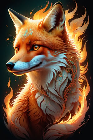 portrait of a flaming fox, golden outlines, flaming aura, highly detailed, intricate motifs, organic tracery, perfect composition, digital painting, artstation, concept art, smooth, sharp focus, illustration, Carne Griffiths, pixar, Victo ngai, Jean Baptiste Monge