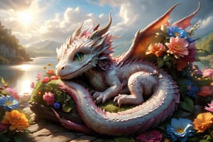 Portrait of an adorable mythical beautiful baby dragon, large eyed dragon sleeping next to a lake, curled up sleeping adorably, vibrant flowers, clouds, anime, maximalist fantasy background, gorgeous eyes, hyper detailed eyes, 3d, deviantart, a masterpiece, deep depth of field, Craig Mullins, perfect composition, intricate motifs, Edwin Landseer,PetDragon2024xl