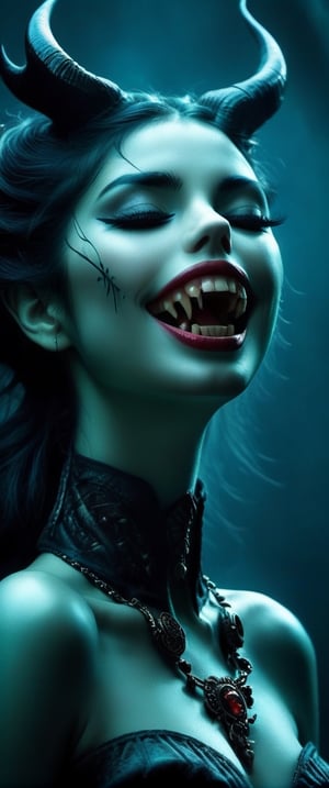 Evil dark, Horror creature (scene:1.6), (full body:4) (long shot:2), a ((vamipress stands with her hands held over her eyes!!!! while she laughs, showing her fangs and teeth, evil laughter, mouth open smile vampire fangs)), professional ominous concept art, cinematic still, horror art, hauntingly beautiful illustration ,sparks,, painting canvas style, sharp focus, perfect composition, beautiful detailed intricate insanely detailed octane render trending on artstation, 8 k artistic photography, photorealistic concept art, soft natural volumetric cinematic perfect light, chiaroscuro, award - winning photograph, masterpiece, oil on canvas, raphael, caravaggio, greg rutkowski, beeple, beksinski, giger, sabbas apterus and yoshitaka amano, kentaro miura, nekro iii, anna dittman and peter mohrbacher, giger, Digital art by IrinaKapi, by Yuumei and (Butcher Billy, Leonor Fini:0.8), by james jean, ct-niji2,sooyaaa, 