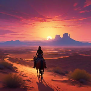 ""a lone outlaw woman riding towards a gorgeous mystical desert sunset 🌅 !!! at night!!", hyperdetailed and highly intricate digital illustration by Ismail Inceoglu, Erin Hanson, Gazelli, Hayao Miyazaki and Yoshitaka Amano, a masterpiece, 8k resolution, trending artstation, Ray Tracing Reflections, volumetric lighting, deep colors, unreal engine. Beautiful desert sunset.. Style inspired by Raymond Swanland, Valentina Remenar, MTG artists, Todd Lockwood, Alberto Seveso, Cyril Rolando, Jon Foster, Greg Staples, Carne Griffiths. Incorporates sfumato, volumetric and dynamic lighting, in a hyperdetailed, photorealistic, maximalist masterpiece..