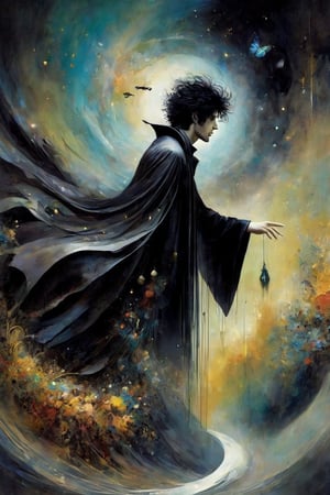 a fantastical painting (imagining “dream of the endless” from the series sandman), ( gaiman, dave mckean, bill sienkiewicz), dream appears as a thin goth man with a wild messy rockstar black hair, high cheekbones and palest skin, he is wearing a robe cloaking him in dreams, he is shaping the world of the dreaming, creating new dreams and nightmares, shapes flow into each other in ethereal ways symbolizing the half-formed mercurial nature of how we experience dreams, the colors are rich, there is a variety of textures, the image combines digital and traditionsl painting techniques to create visual intrigue, dramatic, cinematic lighting,Decora_SWstyle,ink,style