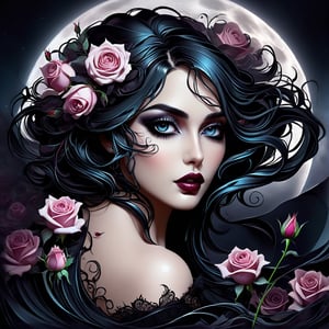 Gothic fairytale, paint flow, elegant, haloed by the moon, roses, swirling lines, abstraction, conceptual, realistic face, beautiful, perfect eyes, Decora_SWstyle