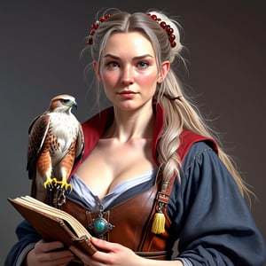 A character concept portrait of a human wizard woman with pale complexion, mousy messy long hair pulled back in a low messy bun, face reminiscent of Jacqueline Bisset, clever grey eyes, skeptical annoyed condescending expression, worn and layered traveling wizard clothing adorned with various magical trinkets, a spellbook and potion vials attached to her belt, and a magical red-tailed hawk perched on her shoulder. The background is detailed, with a captivating composition and color, blending fantasy and realism 