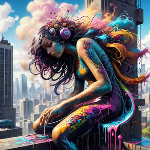 Dissolving person (made of graffiti:1.4) sitting on the top of a skyscraper, tendrils of dissolving paint coming off of them, paint drops dissolving, graffiti dissolving, made of living graffiti, by Nychos, digital painting masterpiece, energy, rich color, artstation, unreal engine 5, fine details, detailed brushwork, 8k, clean image, contrast and depth, atmospheric perspective, reflections, chiaroscuro,Decora_SWstyle