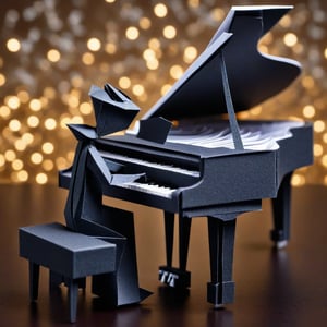 Create a detailed 3d render of a piano player made from paper-sheet-music folded into origami, elaborate faircore artmosphere, bokeh, HDR, beautifully shot, hyperrealistic, sharp focus, 64 megapixels, perfect composition, high contrast, cinematic, atmospheric, moody, abstract vector fractal, wave function, Zentangle, 3d shading