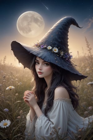 a witch sitting in the grass, stargazing, on a grassy hill of nightblooming wildflowers, a1sw-InkyCapWitch wearing sm1cdrip-witchhat, dreamy night scene, sharp focus, by tombagshaw and magali villeneuve, Decora_SWstyle,art_booster
