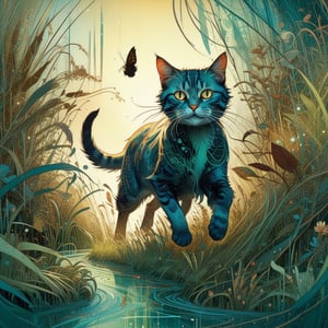 a cat running in the tallgrass, shiny aura, highly detailed, intricate motifs, organic tracery, perfect composition, digital painting, artstation, concept art, smooth, sharp focus, illustration, Carne Griffiths, pixar, Victo ngai, Jean Baptiste Monge