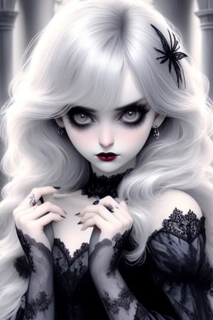 1girl, solo, long hair, bangs, silvery blonde hair, fine hair dress, black lace, upper body, black eyes, grey eyes, goth person, black painted nails, catholicpunk goth aesthetic, intricate accessories, mysterious background setting, hidden secrets, is she a villain?, Decora_SWstyle,real_booster