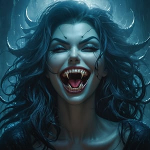 Evil dark, Horror creature (scene:1.6), (full body:4) (long shot:2), a (( gorgeous model vamipress charmingly mockingly laughs, showing her fangs and teeth, evil laughter,  vampire fangs)), professional ominous concept art, cinematic still, horror art, hauntingly beautiful illustration ,sparks,, painting canvas style, sharp focus, perfect composition, beautiful detailed intricate insanely detailed octane render trending on artstation, 8 k artistic photography, photorealistic concept art, soft natural volumetric cinematic perfect light, chiaroscuro, award - winning photograph, masterpiece, oil on canvas, raphael, caravaggio, greg rutkowski, beeple, beksinski, giger, sabbas apterus and yoshitaka amano, kentaro miura, nekro iii, anna dittman and peter mohrbacher, giger, Digital art by IrinaKapi, by Yuumei and (Butcher Billy, Leonor Fini:0.8), by james jean, ct-niji2,sooyaaa, ,ani_booster,Decora_SWstyle,d1p5comp_style