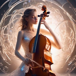 Close-up shot of a stunning female figure with a glass cello body, illuminated by soft, warm lighting. Her ethereal skin glows in harmony with the transparent glass, as intricate musical notes and instruments take shape within the cello's crystal interior. Delicate, swirling patterns dance across her limbs, as if the music itself has come to life.