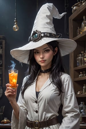 ((A witch woman holding a glowing syringe! dressed as a scientist in a sciencelab!!!)), standing contrapposto with her other hand on her hip, (((wearing a white labcoat! over her dress))) and a white hat with white drips, hi-tech ornaments on hat where the top meets the brim, a confident smirk is quirking the right side of her lips upwards and curving her bottom eyelids up in mirth, her hair is in a messy low bun with two long strands loose in front, neon lights, exquisite digital painting, (by vargas:1.3), (charlie bowater, alex horley and loish, marc simonetti and yoji shinkawa and wlop, hyperrealistic oil painting, donato giancola, james c christensen:0.8), a1sw-InkyCapWitch,Cyberpunk Doctor