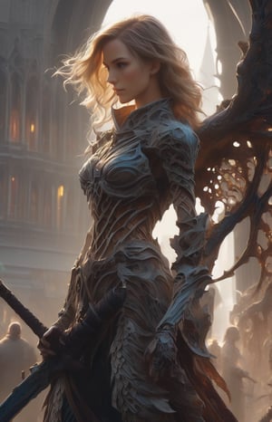 "Dark romance fantasy, close up of a woman with sword wearing intricate dragon bone plate-armor standing above a city, an army looking up at her, embers", bones, ribcage style armor, eldritch, dracolich-like armor, wavy golden dark blonde hair, Masterpiece, Intricate, Insanely Detailed, Art by lois van baarle, todd lockwood, chris rallis, anna dittmann, Kim Jung Gi, Gregory Crewdson, Yoji Shinkawa, Guy Denning, smooth, natural Chiaroscuro, subsurface scattering vfx, actionpainting, best quality, smooth finish, masterpiece,DracolichXL24,art_booster,LegendDarkFantasy,ellafreya,renny the insta girl,real_booster