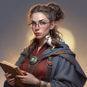 A fantasy character concept portrait of a human wizard woman with pale complexion, subtle freckles, mousy darkbrown messy long hair pulled back in a low messy bun, ((face reminiscent of  rita moreno)), clever grey eyes, skeptical annoyed condescending expression, worn and layered traveling wizard clothing adorned with various magical trinkets, a spellbook and potion vials attached to her belt, and a magical red-tailed hawk perched on her shoulder. The background is detailed, with a captivating composition and color, blending fantasy and realism 