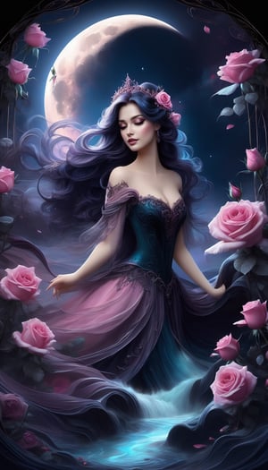 Gothic fairytale, paint flow, elegant, haloed by the moon, roses, swirling lines, Decora_SWstyle