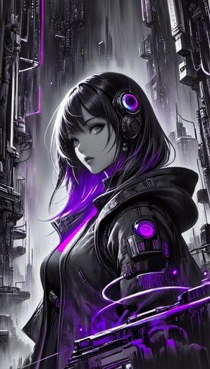 1girl, cyberpunk, selective color purple, ink sketch charcoal ink wash, highly detailed background setting, upward movement,SelectiveColorStyle,art_booster