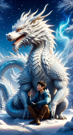 "a person sitting in front of a white chinese dragon, friendly companions", advanced digital game coverart, wolf-like furred dragon, snow and ice, fractal art, snow particles glitterstorm, by Winona Nelson, todd lockwood, concept art of single boy, talking creatures, the artist has used bright, breathtaking render || perfect composition,DragonConfetti2024_XL,PetDragon2024xl
