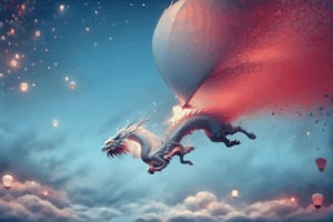 ((solo)), confetti dragon swimming across the sky, lying on clouds, no humans, serpentine movement, smooth fluid movement, magical night, DragonConfetti2024,fantasy00d,sky lantern