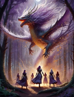 Fantasy action scene, (("(Group of women priestesses!!:1.3) magically summoning 1dragon!! (Western Dragon:1.5) made of swirling_liquid_metal and lavenderblooms!!")), ((("dissolving dragon!!"))), on a full moon night in a supernatural forest, Metallic_Vexing_Violet_color accents, magic, soft lighting, sharp focus, by Marc Simonetti & yoji shinkawa & wlop & james jean, nekroxiii, paint drops, rough edges, trending on artstation, studio photo, intricate details, highly detailed, moonrays, detailed brushwork, illustration, epic perfect composition, energetic, dan mumford and anna dittmann, DragonConfetti2024_XL,DragonConfetti2024_XL