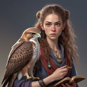 A fantasy character concept portrait of a human wizard woman with pale complexion, subtle freckles, mousy brown messy long hair pulled back in a low messy bun, ((face reminiscent of sarah_hyland)), clever grey eyes, skeptical annoyed condescending expression, worn and layered traveling wizard clothing adorned with various magical trinkets, a spellbook and potion vials attached to her belt, and a magical red-tailed hawk perched on her shoulder. The background is detailed, with a captivating composition and color, blending fantasy and realism 