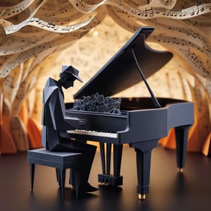 Create a detailed 3d render of a piano player made from paper-sheet-music folded into origami, elaborate faircore artmosphere background, bokeh, cute style, HDR, beautifully shot, hyperrealistic, sharp focus, 64 megapixels, perfect composition, high contrast, cinematic, atmospheric, moody, abstract vector fractal, wave function, Zentangle, 3d shading