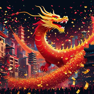 A chinese new year dragon dissolving into confetti as it flies over a city, confetti, dramatic, dynamic, beautiful, enchanting, digital illustration style, movement