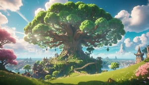 4d spring-theme videogame scenery, ((a tree sitting on top of a lush green hillside, inspired by Mike Winkelmann, fantasy art, palace floating in the sky, anime scenery, an island floating in the air, flying trees and park items, amazing wallpaper, 4k high res, very beautiful photo, floating city on clouds, magical colors and atmosphere, yggdrasil, anime epic artwork, bloom. high fantasy)), Game Cinematic Feel, Epic Graphics, Intricately Detailed, octane render, 8K Resolution, Dynamic Lighting, Unreal Engine 5, CryEngine, Trending on ArtStation, HDR, 3D Masterpiece, Unity Render, Perfect Composition