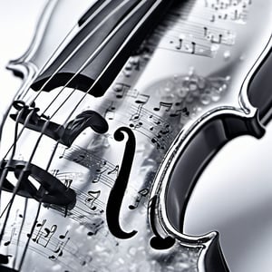 Capture a stunning close-up shot of a violin crafted from clear glass crystal. Inside its transparent body, intricate musical notes and instrument shapes are expertly etched, showcasing exceptional attention to detail. The violin's delicate curves and facets refract light beautifully, as if suspended in mid-air amidst a soft, white background.