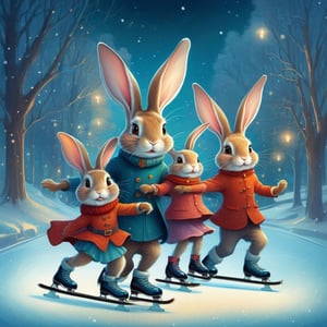 Family of cute Rabbits ice skating on christmas, Bold illustration, charlie bowater and Gediminas Pranckevicius and victo ngai, ryohei hase and james jean, surreal fantasy illustration, realistic proportions, complex composition, linework, decorative elements, vector painting, highly detailed, digital illustration, artstation, beautiful, wholesome, nostalgia, high quality