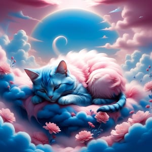 dreamy soft, pop surrealism poster illustration ||  a painting of a cat sleeping in the clouds, ash thorp, 🎀 🪓 🧚, depicting a flower, made in 2019, the artist has used bright, lush wildlife, pastel coloring, pink and blue colour || bright, whimsical, impossible dream, fantasycore art, beautiful