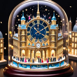 Inside a glass clock on New Year's Eve, a group of people are joyfully raising their glasses to toast champagne. The miniature cities of NYC and Paris are meticulously crafted within the glass enclosure, adding a charming whimsy to the scene. The image, captured in a photograph, showcases an exquisite attention to detail. Each individual in the group wears elegant attire, their expressions filled with anticipation and merriment. The clock's transparency allows the viewer to appreciate the intricate miniature architecture of both cities, creating a vibrant and enchanting atmosphere. The image's impeccable clarity and vibrant colors make it a visually stunning depiction of a festive celebration.