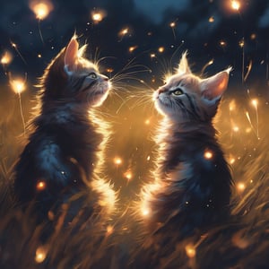 focus on two mainecoon kittens running with sparklers in their mouths, leafing a faint trail of light and sparks, grassy field, night sky full of fireworks, silhouettes of people sitting on blankets, glowing particles, from the void, magic, fantasy, (style of Atey Ghailan:0.8), (by Yoshitaka Amano), ashraful arefin, style of Cyril Rolando, Jeremy Mann, Fabian Perez, Enchanting illustration, ultra realistic, fantasy, (chiaroscuro:1.2), intricate, oil painting, fireflies, Night, complex_background