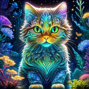 delicate soft glass adorable cat filled with bioluminescent plants, underwater, luminous opalescent, insanely detailed beautiful cat crystalized, meticulously detailed filigree cat, bioluminescent glowing cat, shimmering, sparkling, extreme contrast and saturation, starry night background, magical fantasy artwork, ultra high quality, dramatic lighting, extreme contrast, rule of thirds, HDR, photorealistic, florescent light