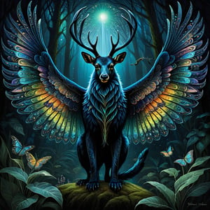 In a mesmerizing concept art piece, a majestic, endangered creature of enchantment comes to life. Through intricate line art, a mythical bioluminescent species is portrayed, its delicate and luminous features captured in stunning detail. The exquisite painting showcases a harmonious blend of vibrant hues and delicate tracery, illuminating the intricate patterns that adorn the creature's iridescent wings. Its large, soulful eyes glow with a captivating otherworldly radiance, accentuated by its velvety midnight-black fur that seems to absorb and reflect light simultaneously. This extraordinary image invites viewers to witness the ethereal beauty of this rare species, subtly hinting at the urgency to protect and preserve such magical wonders of the natural world.