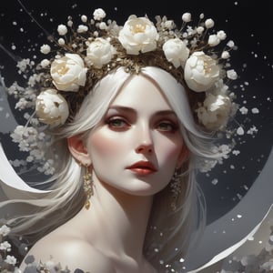 a painting of a woman with flowers on her head, concept art, by Jason Teraoka, portrait of emma frost, earrings, wyeth, white fractals, ladybugs, aerial illustration, graphic detail, (snow), artbook artwork, editorial image, nier automata concept art, ffffound, above view,d1p5comp_style