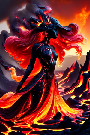 Dark fantasy surrealism :: ominous Inhuman Goddess made of molten lava :: cracks in the skin revealing a fiery glow, it looks rough and uneven, hard and brittle, her body is made of black rock with glowing red cracks :: her hair is like a stream of liquid lava, flowing down the back and dripping to the ground , molten_liquid_lava_hair dripping down :: she is crouching on a rocky surface, emerging from a volcanic eruption ::  rocky landscape with a fiery sky, lava flows and smoke, warm colors :: fiery and intense mood, dark and ominous mood :: lit from below, creating a sense of drama and intensity, illuminated by the fire and the smoke :: dynamic and powerful composition, imposing :: high level of detail, focus on the figure, background out of focus, epic dof :: fantasy art, gothic art, cgsociety :: lava and fire goddess made of black rock and flames,Decora_SWstyle,ral-lava